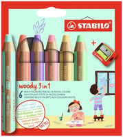Kleurpotloden STABILO Woody 880/18 set à 6 pastelkleuren met puntenslijper