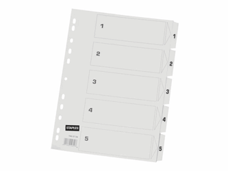 Staples Tabbladen wit karton 11 rings, A4, bedrukte tabs, 1-5 (set 5 vel) artikel afbeelding