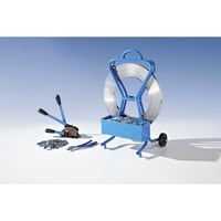 Omsnoeringsset bestaande uit span- en sluitapparaat, bandhaspel, schaar, 240 m staalband en sluitzegels bandbreedte 16 mm