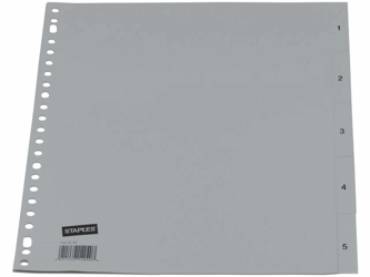 Staples Tabbladen grijs kunststof 23 rings, A4, bedrukte tabs, 1-5 (set 5 vel) artikel afbeelding