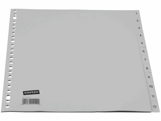 Staples Tabbladen grijs kunststof 23 rings, A4, bedrukte tabs, 1-12 (set 12 vel) artikel afbeelding