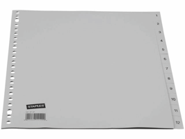 Staples Tabbladen grijs kunststof 23 rings, A4, bedrukte tabs, 1-12 (set 12 vel)