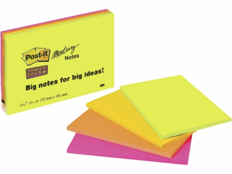 Post-it® Super Sticky Notes, 101 x 152 mm, assorti (pak 4 blokken) artikel afbeelding