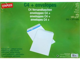 Staples Zakelijke envelop, 371 x 262 mm, zelfklevende verzegeling, papier, wit (pak 50 stuks)