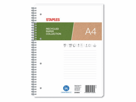 Staples Spiraalblok A4, Gerecycled, Gelinieerd, 4 Gaats, 80 vel (pak 5 stuks)