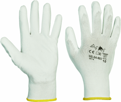 Naadloos rondgebreide polyester handschoenen met een gedipte PU palmcoating en manchet. artikel afbeelding