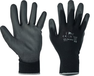 Naadloos rondgebreide polyester handschoenen met een gedipte PU palmcoating en manchet. artikel afbeelding