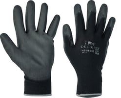 Fridrich & Fridrich. Naadloos rondgebreide polyester handschoenen met een gedipte PU palmcoating en manchet Wit / Zwart