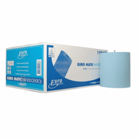 Euro Matic handdoekrol blauw, 150 meter x 21 cm, 2-laags verlijmd, 100% cellulose, 6 rollen per foliepak, voorzien van ECO- en FCC-keurmerk