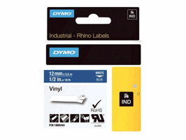 Dymo Rhino labeltape 12mmx5.5m wit op blauw 18052