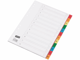 Staples Tabbladen gekleurd kunststof 11 rings, A4, bedrukte tabs, 1-12 (set 12 vel)