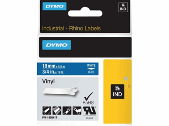 Dymo Rhino Vinyl Labeltape, 19 mm, Wit op Blauw artikel afbeelding