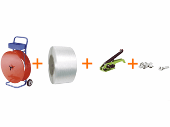 Professionele omsnoeringsset spanapparaat, bandhaspel verrijdbaar, metalen klemmen gefosfateerd polyester-compositieband, breedte 25 mm
