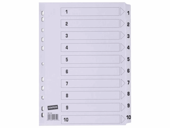 Staples Tabbladen wit karton 11 rings, A4, bedrukte tabs, 1-10 (set 10 vel) artikel afbeelding