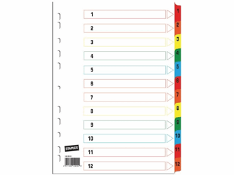 Staples Tabbladen wit karton, met gekleurde tabs 11 rings, A4, bedrukte tabs, 1-12 (set 12 vel) artikel afbeelding
