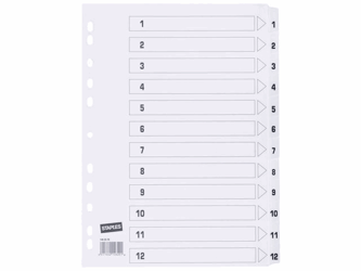 Staples Tabbladen wit karton 11 rings, A4, bedrukte tabs, 1-12 (set 12 vel) artikel afbeelding