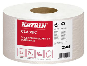 KATRIN Classic Gigant Toiletpapier S2, 2-laags, 600 vel per pak, Wit (pak 12 x 150 meter) artikel afbeelding