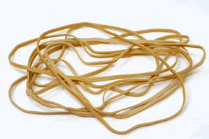 Elastiek 65mm lengte x 1.5mm breed. Kleur: Bruin. Doos 10 kg.
