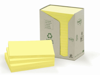 Post-it® Recycled Notes Canary Yellow™, 76 x 127 mm, Geel (pak 16 blokken) artikel afbeelding