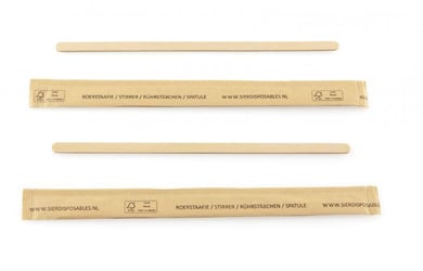 Roerstaafje hout (FSC®) per stuk verpakt in FSC® papier, 140 x 5 x 1,2 mm