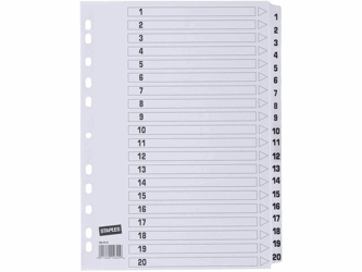 Staples Tabbladen wit karton 11 rings, A4, bedrukte tabs, 1-20 (set 20 vel) artikel afbeelding