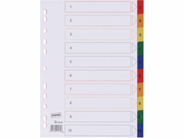 Staples Tabbladen gekleurd kunststof 11 rings, A4, bedrukte tabs, 1-10 (set 10 vel)