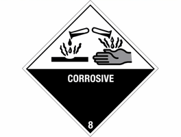 Gevarenetiket A28, 100X100mm wit opdruk zwart. Klasse 8 Corrosive