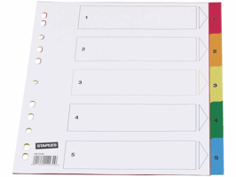 Staples Tabbladen gekleurd kunststof 11 rings, A4, bedrukte tabs, 1-5 (set 5 vel)