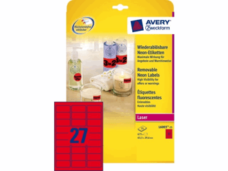 ETIKET AVERY L6003-25 63.5X29.6 NEON ROOD 675ST artikel afbeelding
