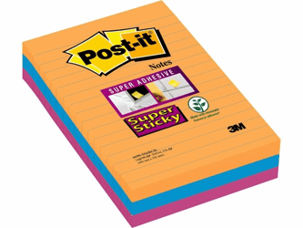 Post-it® Blok gelinieerde Super Sticky Notes, 101 x 152 mm, ultrablauw, ultraroze en neonoranje, verpakking van 3, 90 vellen (pak 3 stuks)