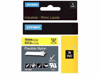 Dymo Rhino Flexibele Nylon Etiketten, 19 mm x 3,5 m, Zwart op Geel artikel afbeelding