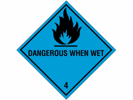 Gevarenetiket A25, 100X100mm blauw opdruk zwart. Klasse 4 Dangerous When Wet
