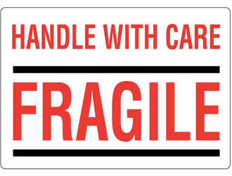Gevarenetiket A15,  98X79mm wit opdruk zwart-rood. Bedrukking Handle With Care - Fragile artikel afbeelding