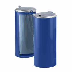 Plaatstalen afvalbak voor inhoud 120 l, front gesloten blauw met zilverkleurig kunststof deksel