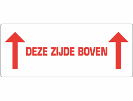 Gevarenetiket A9, 60X150mm wit opdruk rood. Bedrukking Deze Zijde Boven