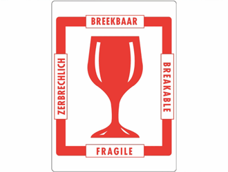 Gevarenetiket A16,  98X79mm wit opdruk rood. Bedrukking Breekbaar - Breakable - Zebrechlich - Fragile artikel afbeelding