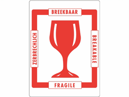 Gevarenetiket A16, 98X79mm wit opdruk rood. Bedrukking Breekbaar - Breakable - Zebrechlich - Fragile