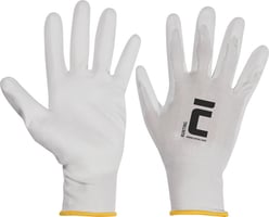 Gebreide naadloze nylon handschoenen met dunne PU laag in de handpalm en op de vingers en elastische manchet.