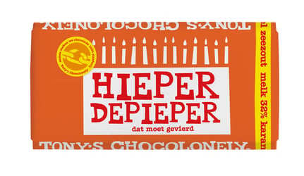 Chocolade Tony's Chocolonely reep 180gr melk karamel zeezout "Gefeliciteerd" artikel afbeelding
