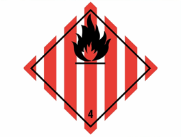 Gevarenetiket A100, 100X100mm wit opdruk zwart-rood. Klasse 4 Flammable Solid