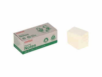 Staples Gerecyclede zelfklevende plakbriefjes, 38 x 51 mm, 70 grams, pastelgeel (pak 12 blokken) artikel afbeelding