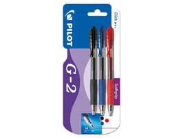 Pilot G-2 gelpen met kliksysteem, medium punt van 0,7 mm, doorzichtige huls met grip, diverse inktkleuren: Zwart, blauw, rood (pak 3 stuks)