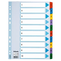 Esselte Index tabblad, A4, polypropyleen en karton, set van 1-10 tabbladen, assorti (set 10 vel)
