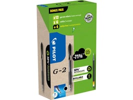 Pilot G-2 Gelpen Rolschrijver, Greenpack 12 Pennen en 12 Navullingen, Medium Punt 0.7 mm, Zwart (doos 12 stuks)