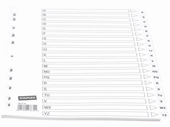 Staples Tabbladen wit karton 11 rings, A4, bedrukte tabs, A-Z (set 20 vel) artikel afbeelding