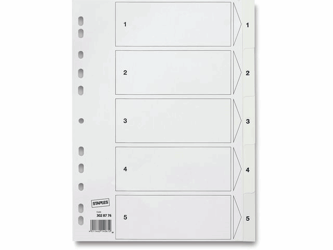 Staples Tabbladen met nummers 1-5, A4, polypropyleen, wit (set 5 vel) artikel afbeelding