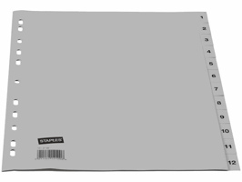 Staples Tabbladen grijs kunststof 11 rings, A4, bedrukte tabs, 1-12 (set 12 vel)