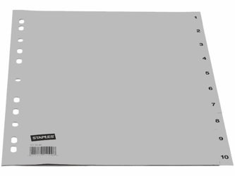 Staples Tabbladen grijs kunststof 11 rings, A4, bedrukte tabs, 1-10 (set 10 vel) artikel afbeelding