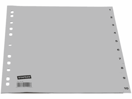 Staples Tabbladen grijs kunststof 11 rings, A4, bedrukte tabs, 1-10 (set 10 vel)