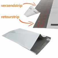 Verzendzakken met retourstrip wit/zwart 70my glossy - 1000 stuks